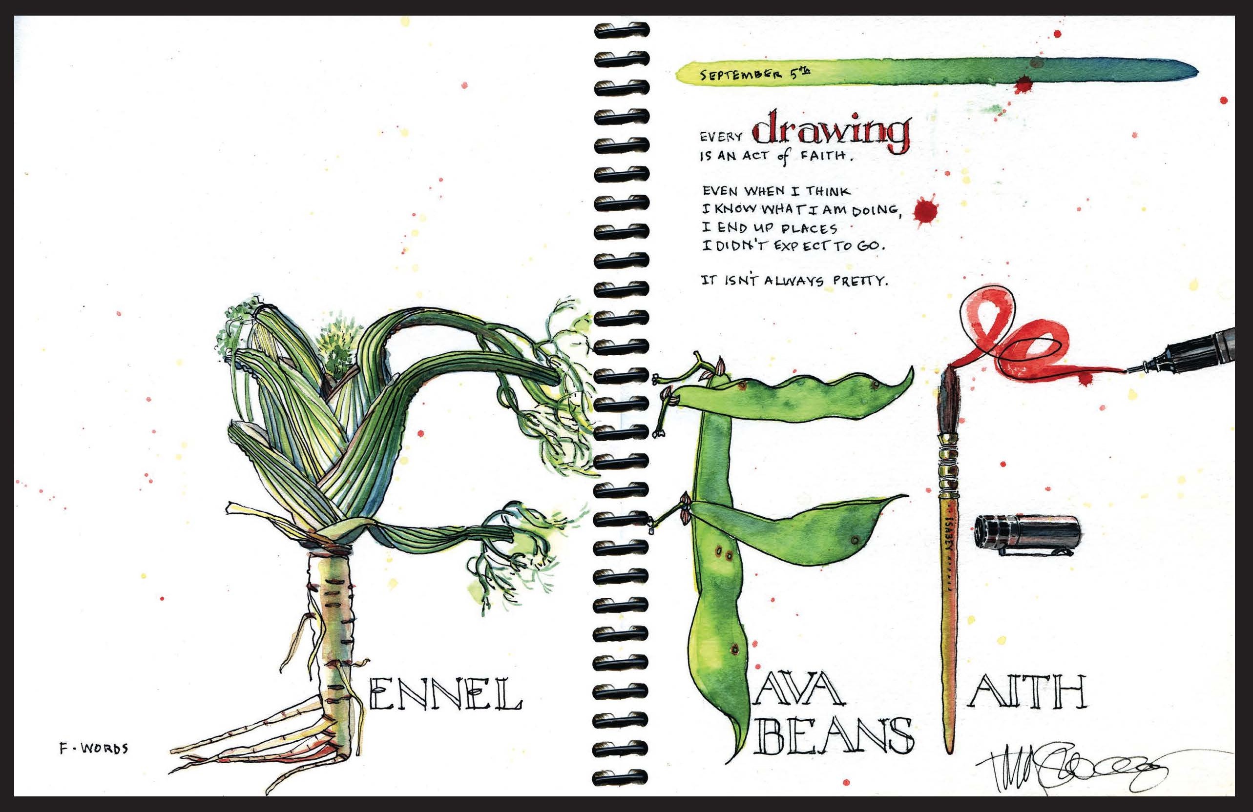 Postcard image and inked fennel and fava beans